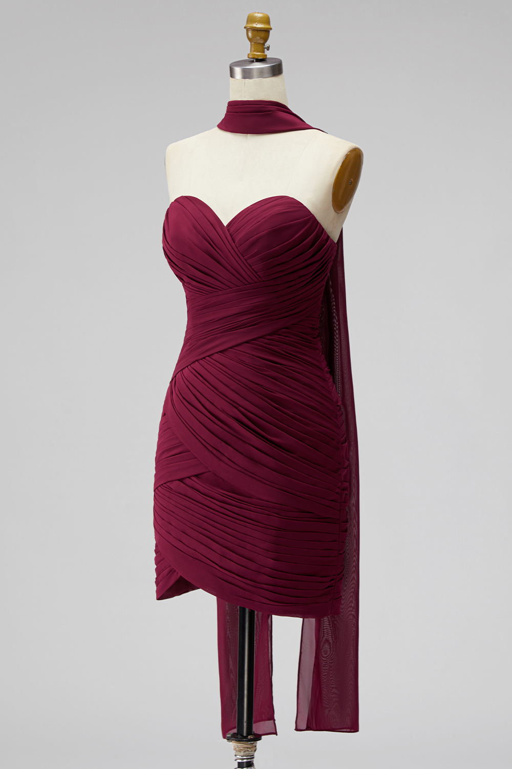 Burgundy Strapless Neck Scarf Pleated Tight Short Homecoming Dress