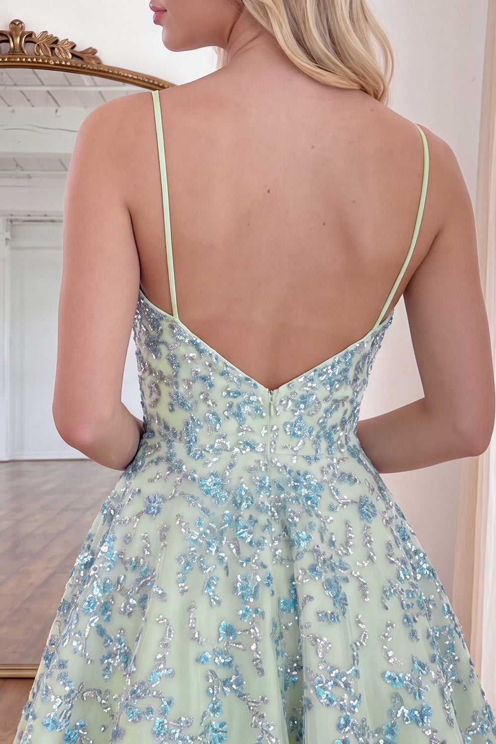Light Green Beaded V-Neck A Line Short Homecoming Dress