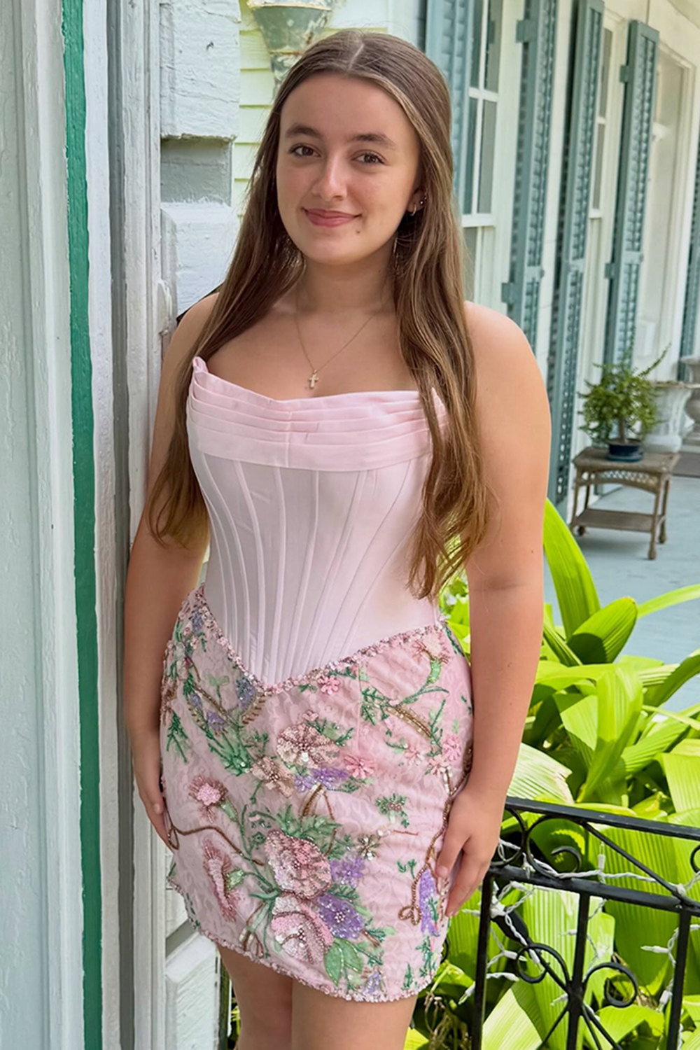 Light Pink Corset Floral Strapless Ruched Tight Short Homecoming Dress