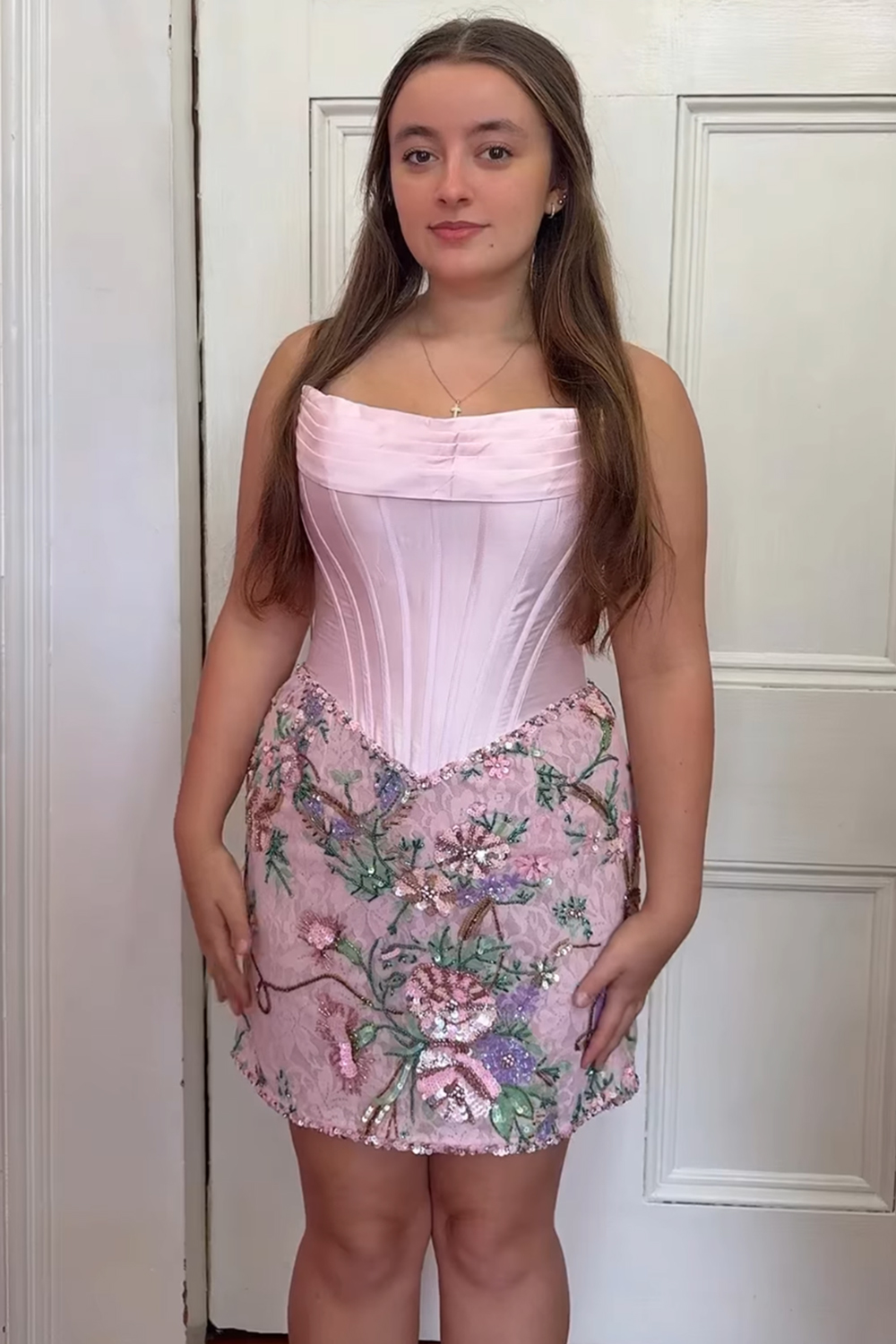 Light Pink Corset Floral Strapless Ruched Tight Short Homecoming Dress