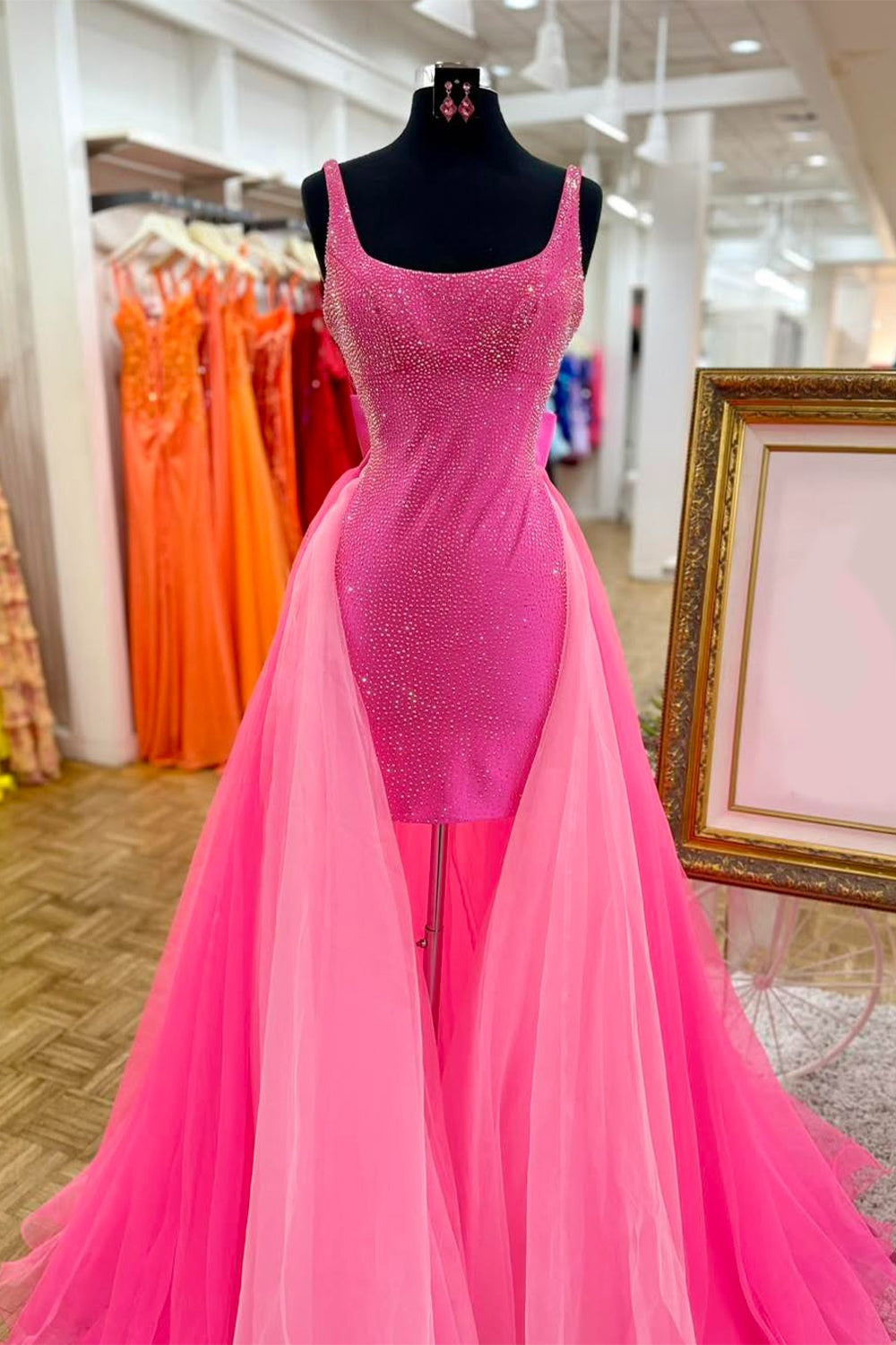 Fuchsia Sparkly Beaded Short Homecoming Dress with Bow