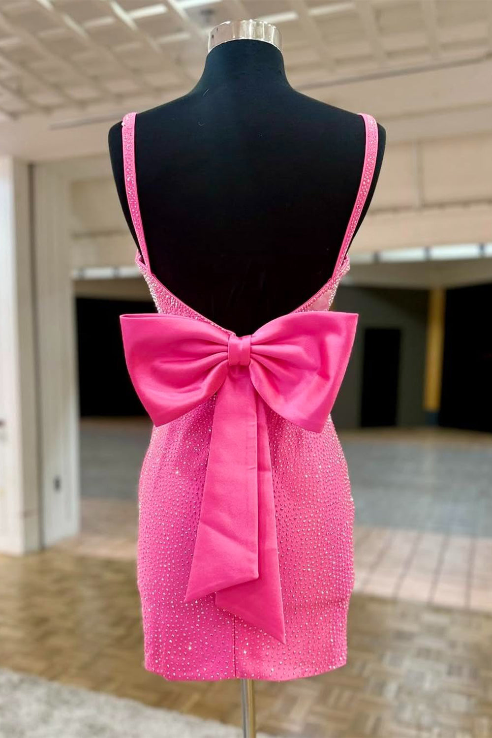 Fuchsia Sparkly Beaded Short Homecoming Dress with Bow