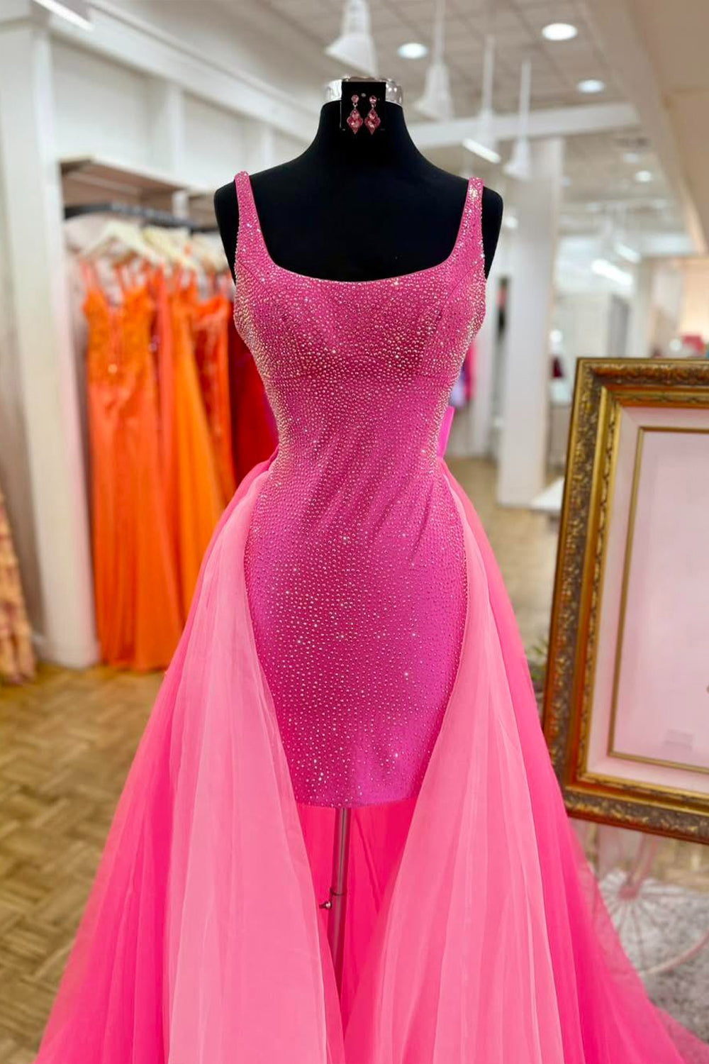 Fuchsia Sparkly Beaded Short Homecoming Dress with Bow