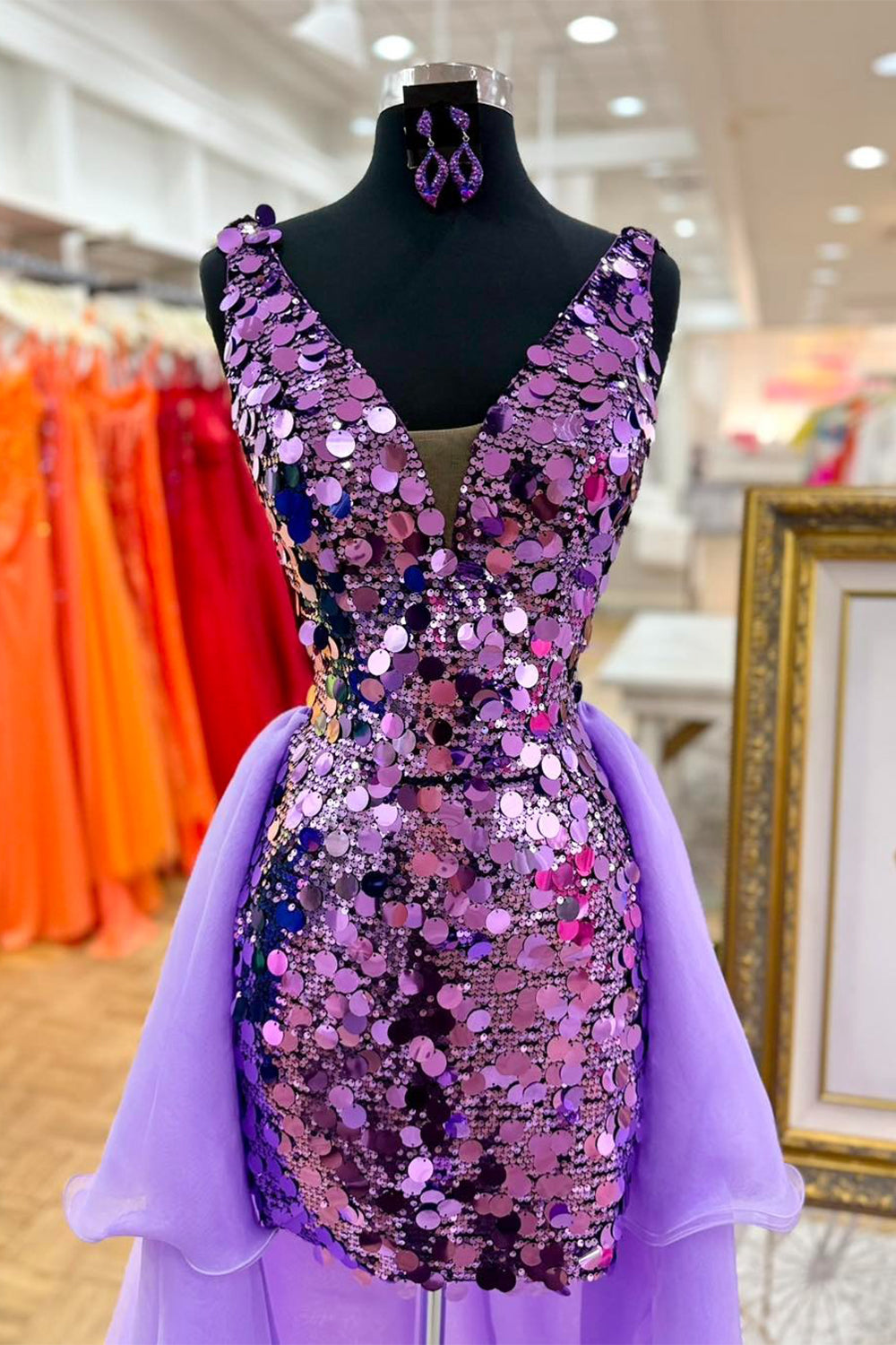 Dark Purple Sparkly Sequin Short Homecoming Dress with Cape
