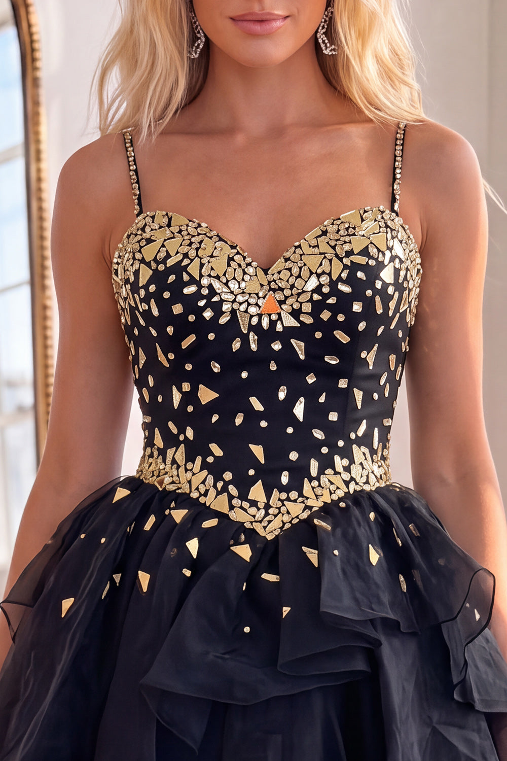 Sparkly Mirror Black Spaghetti Straps Short Homecoming Dress with Ruffles