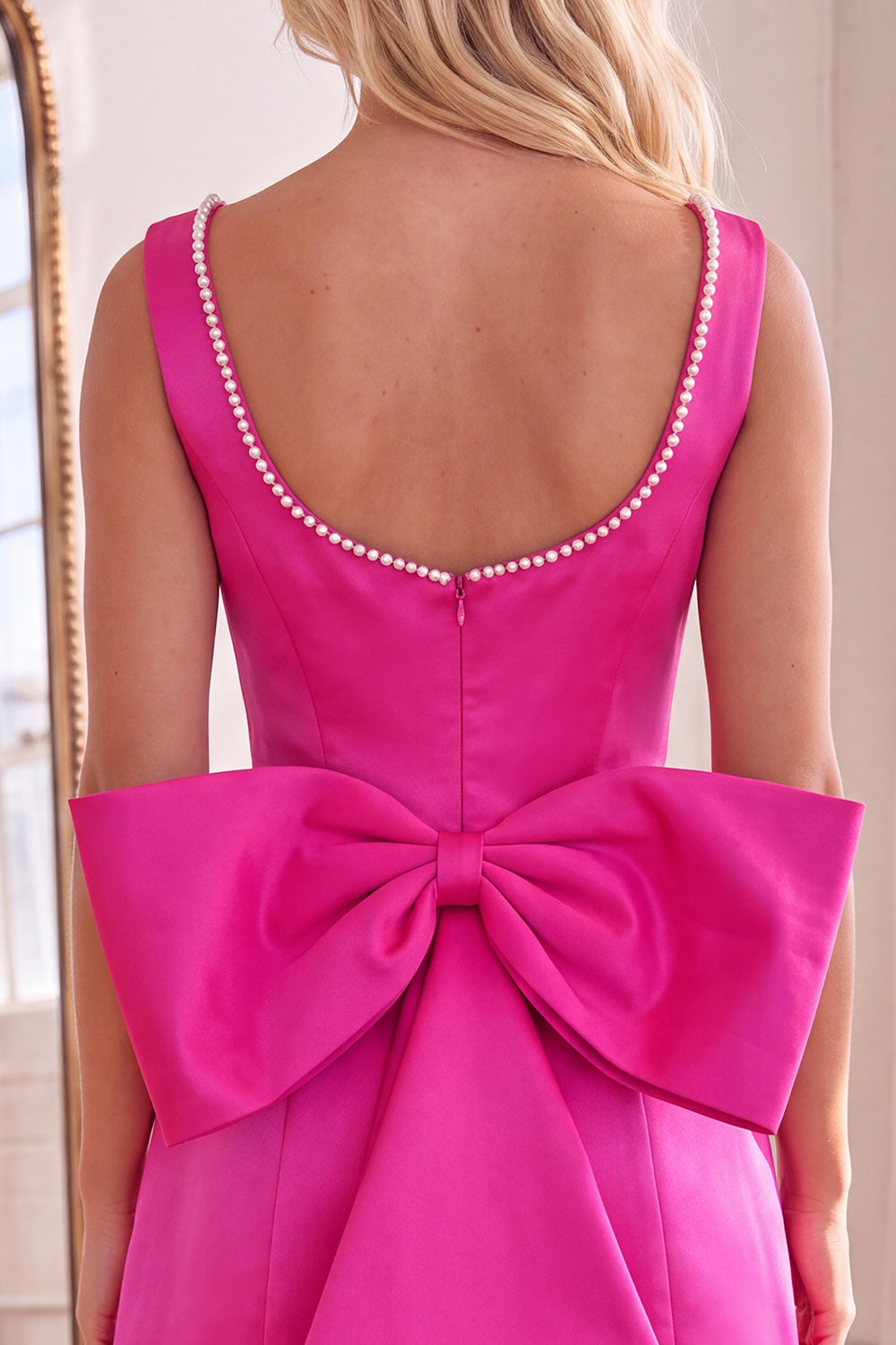 Ruffled Fuchsia Boat Neck Short Homecoming Dress with Pearls