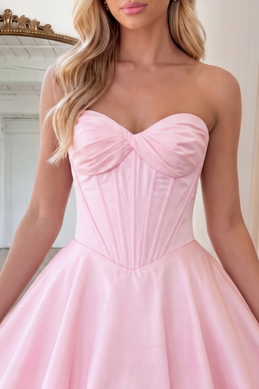 Pink Corset Strapless Bubble A Line Short Homecoming Dress