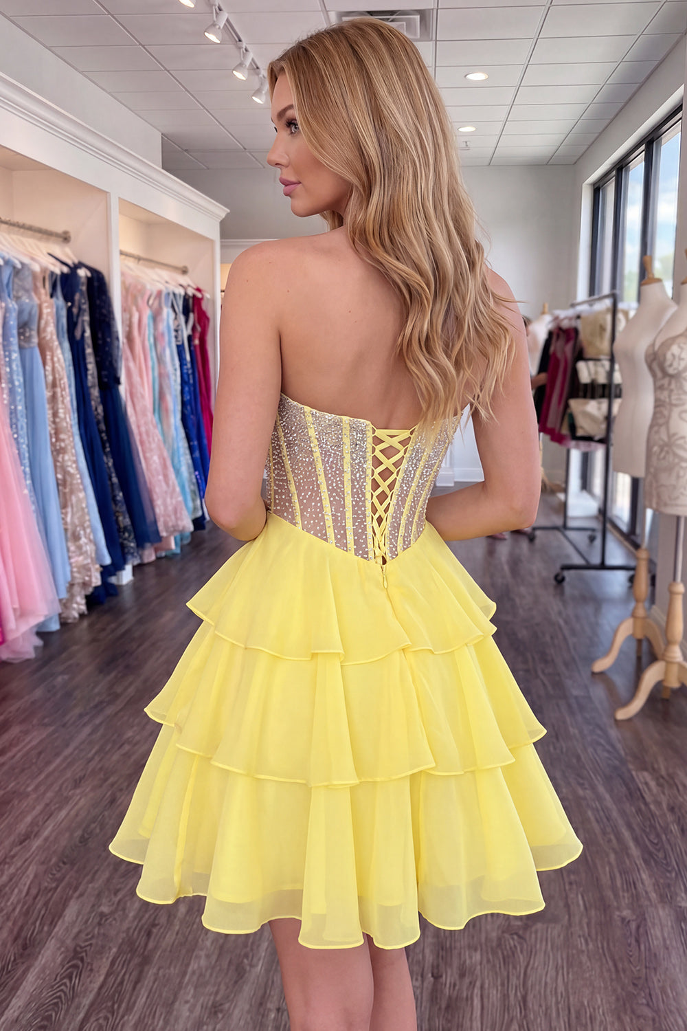 Yellow Corset Sparkly Short Beaded Sweetheart Ruffled Homecoming Dress