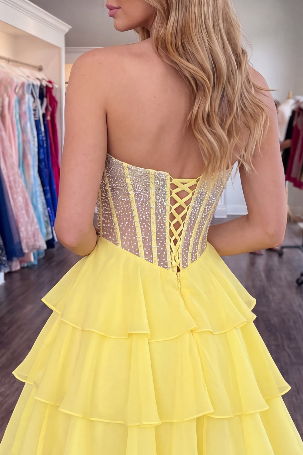 Yellow Corset Sparkly Short Beaded Sweetheart Ruffled Homecoming Dress