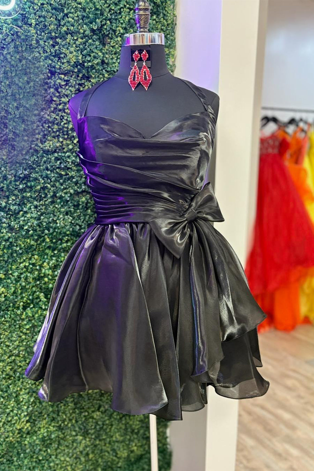Black A Line Halter Short Homecoming Dress with Bow