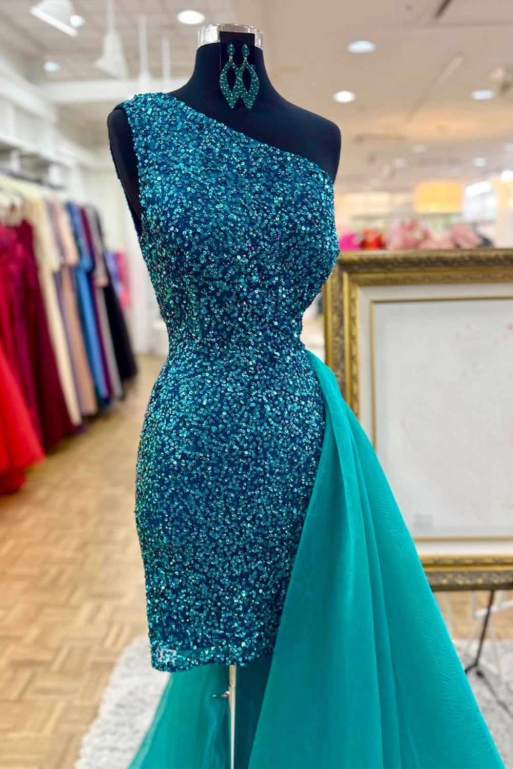 Sparkly Green Tight One Shoulder Short Homecoming Dress with Cape