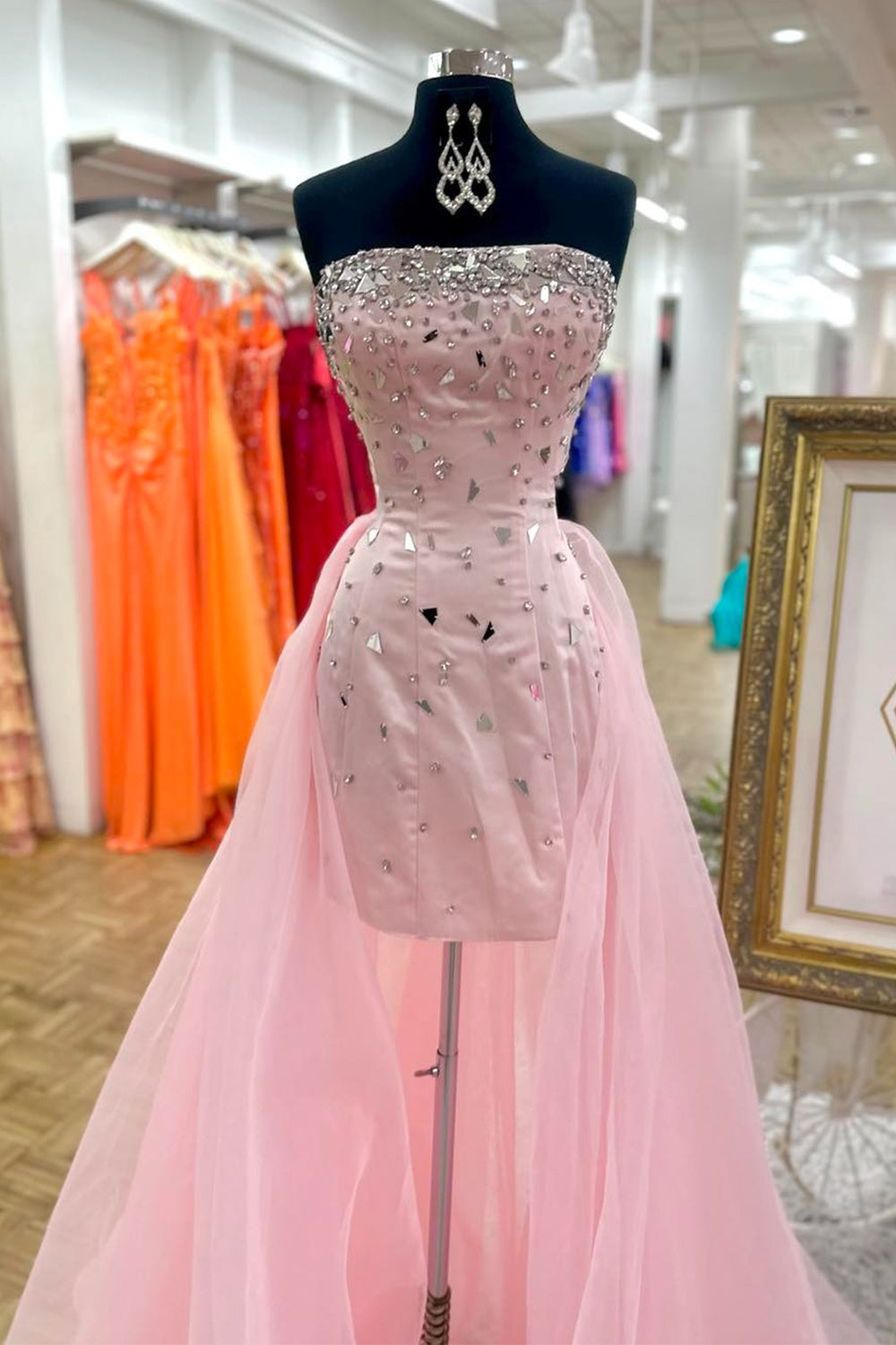 Sparkly Pink Beaded Tight Strapless Short Homecoming Dress with Cape