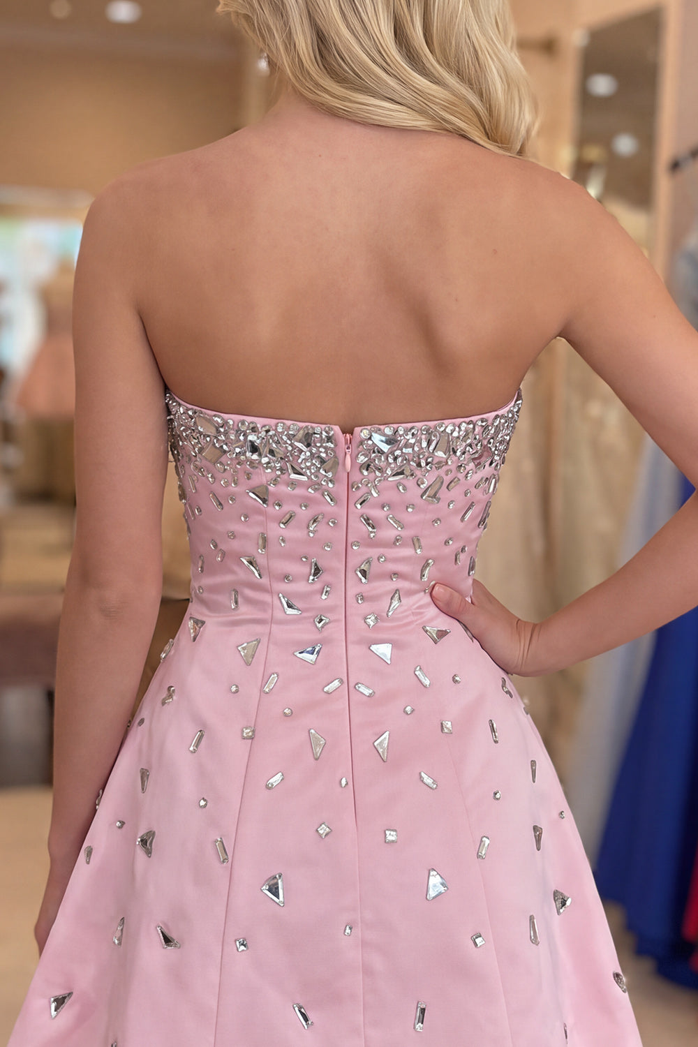 Sparkly Pink A-Line Strapless Short Homecoming Dress with Rhinestones                                                         