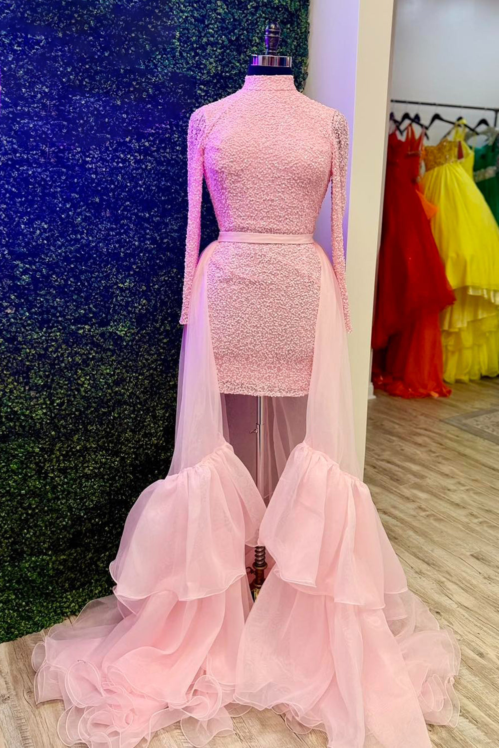 Pink Long Sleeves Tight High Neck Short Homecoming Dress with Cape