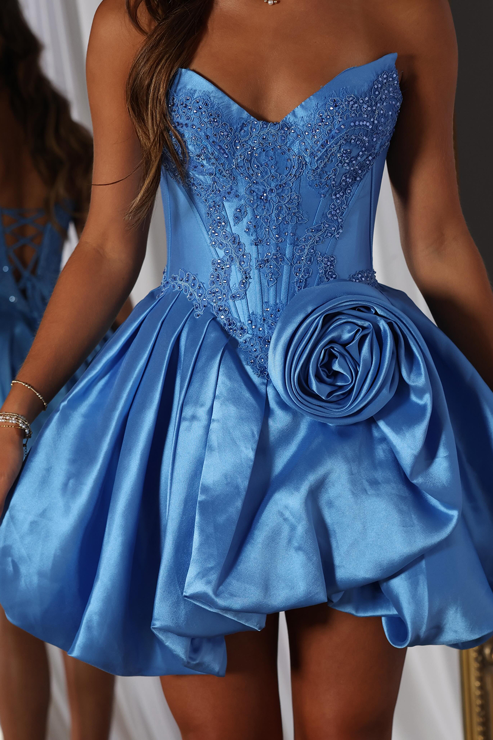 Appliqued Corset Pink Sweetheart Short Bubble Homecoming Dress with 3D Flower