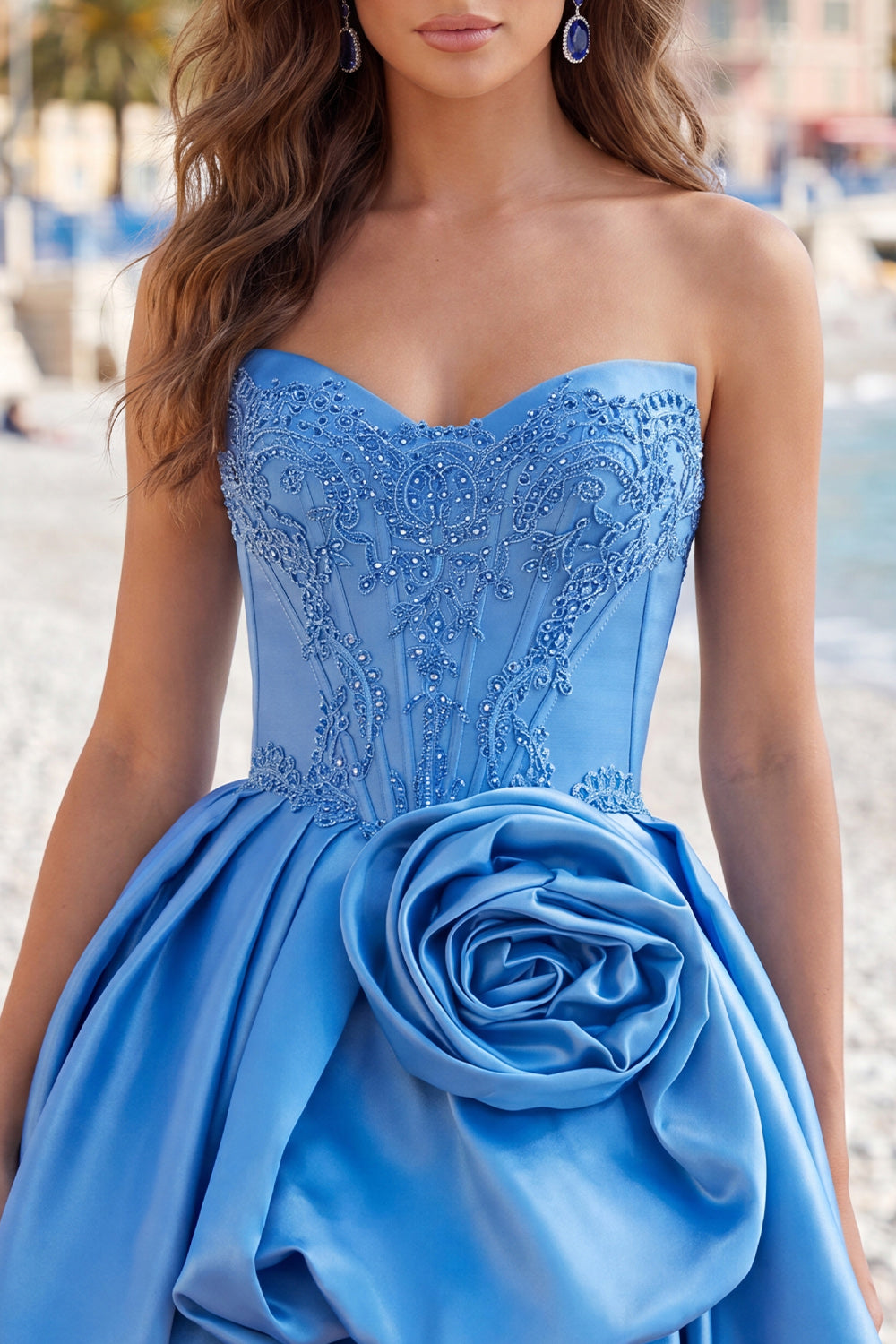 Dark Blue Beaded Corset A-Line Short Homecoming Dress with 3D Flower