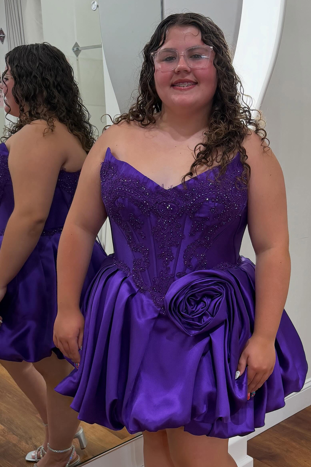 Dark Blue Beaded Corset A-Line Short Homecoming Dress with 3D Flower
