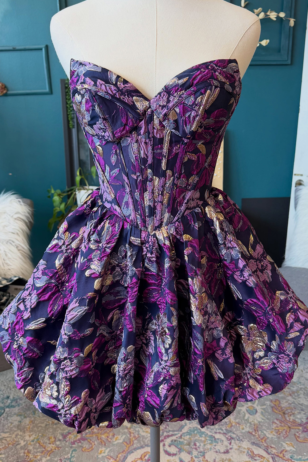 Purple Floral A Line Bubble Corset Short Homecoming Dress