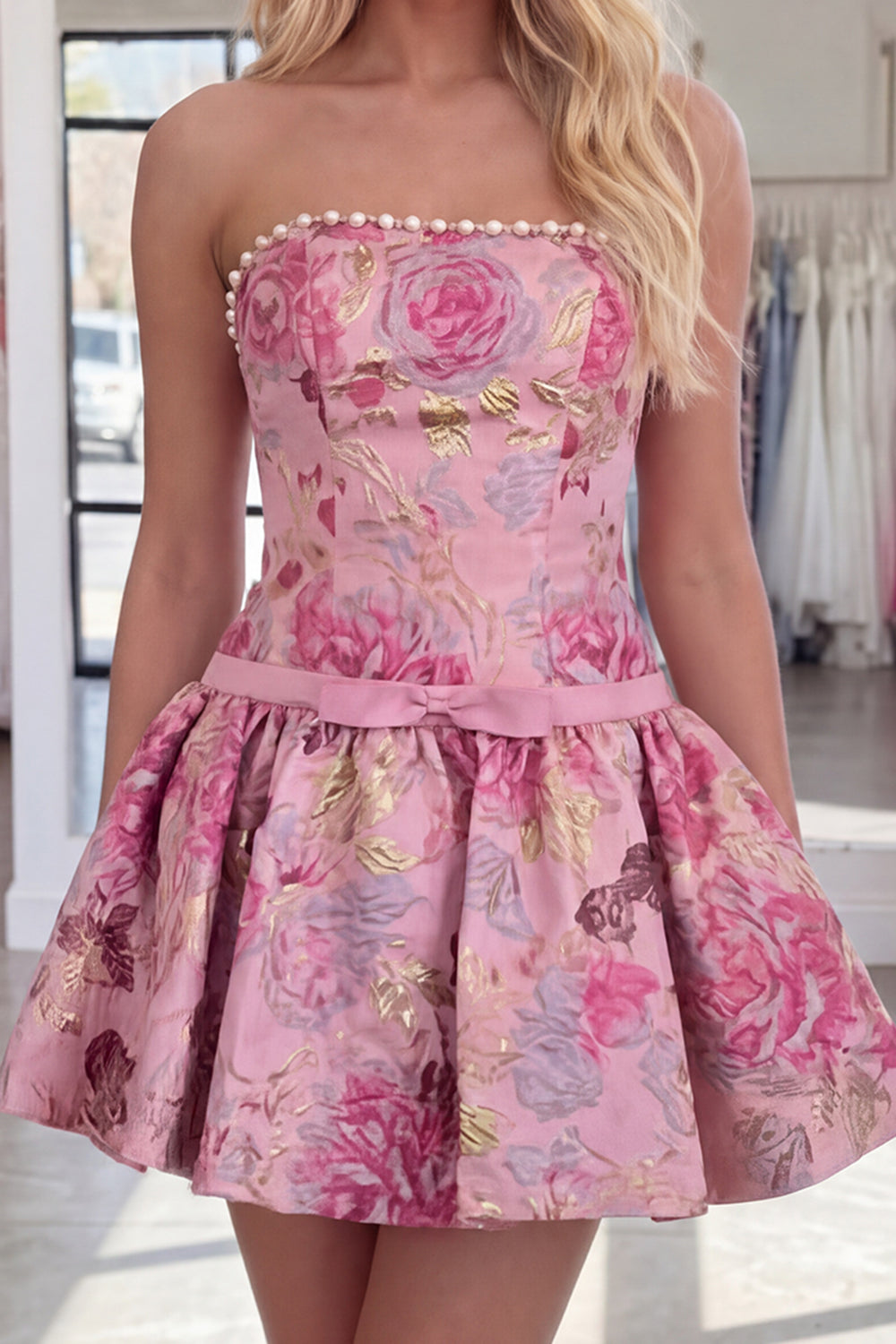 Floral Pink Strapless Short Homecoming Dress with Pearls