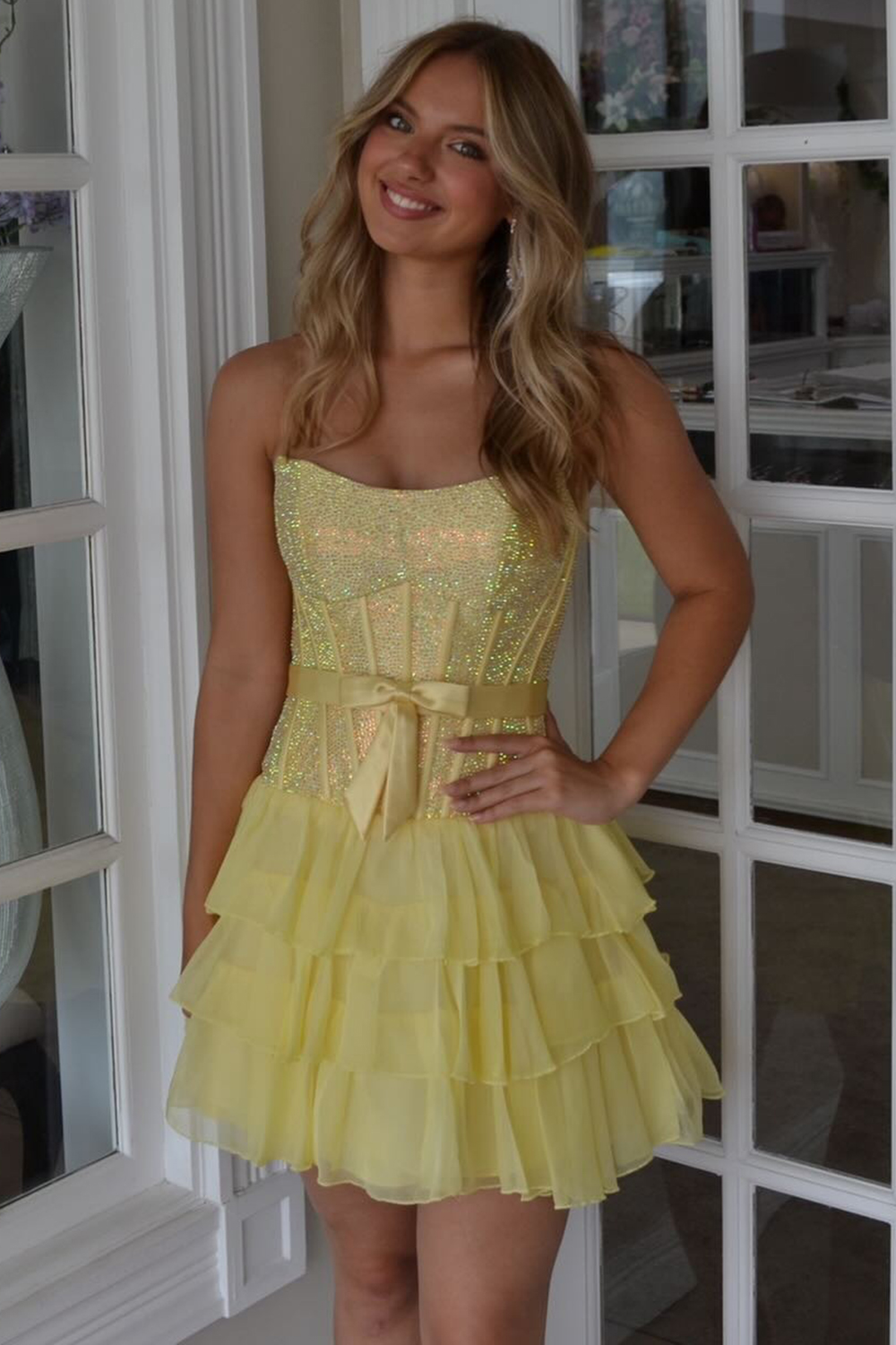 Sparkly Black Corset Ruffled Tiered Short Homecoming Dress with Bow