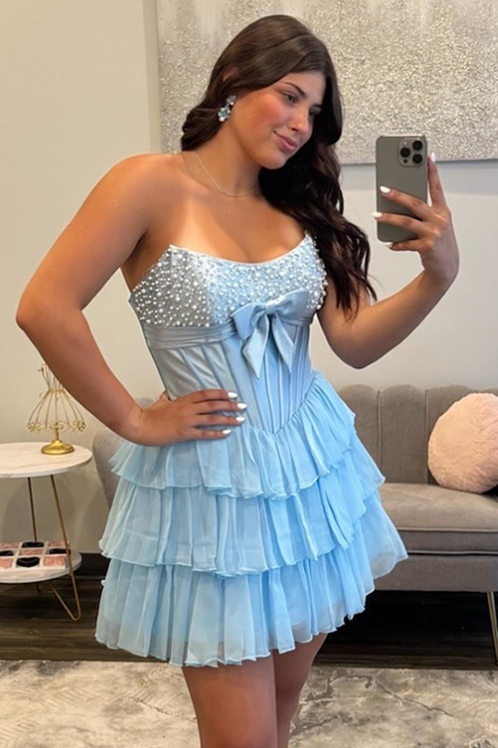 Pink Ruffled Corset Strapless Tiered Short Homecoming Dress with Pearls