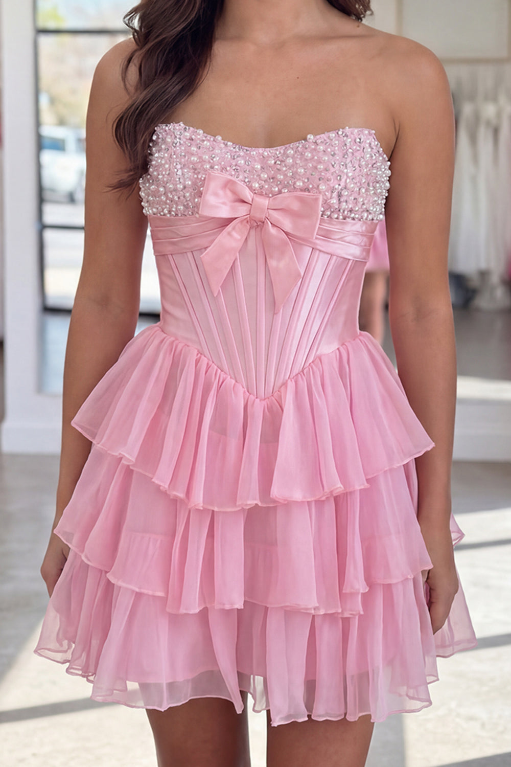 Pink Ruffled Corset Strapless Tiered Short Homecoming Dress with Pearls