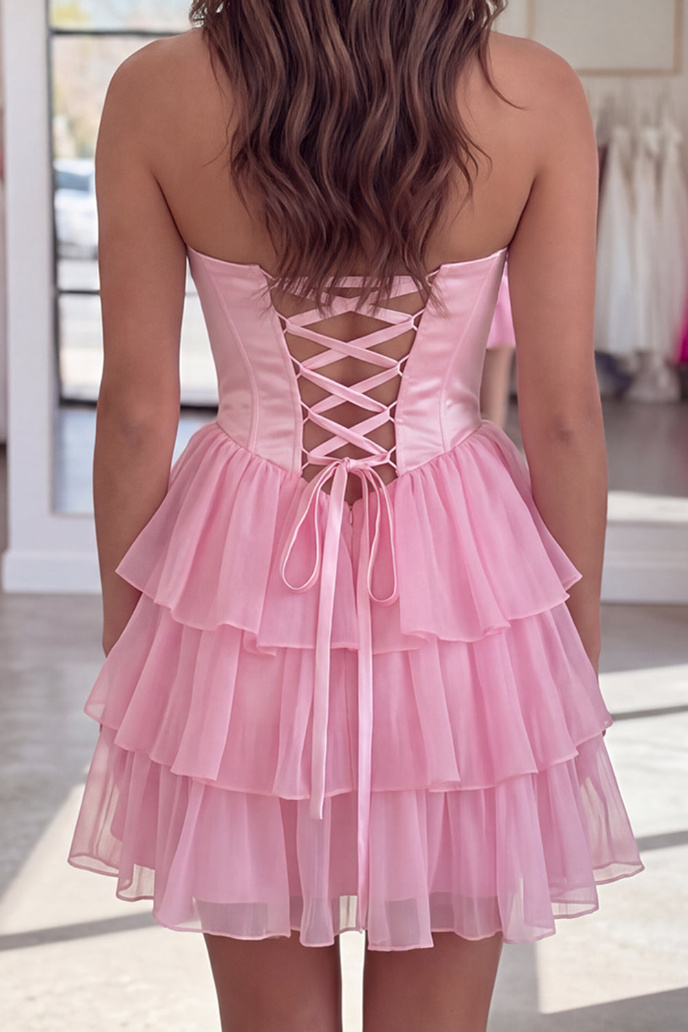 Pink Ruffled Corset Strapless Tiered Short Homecoming Dress with Pearls