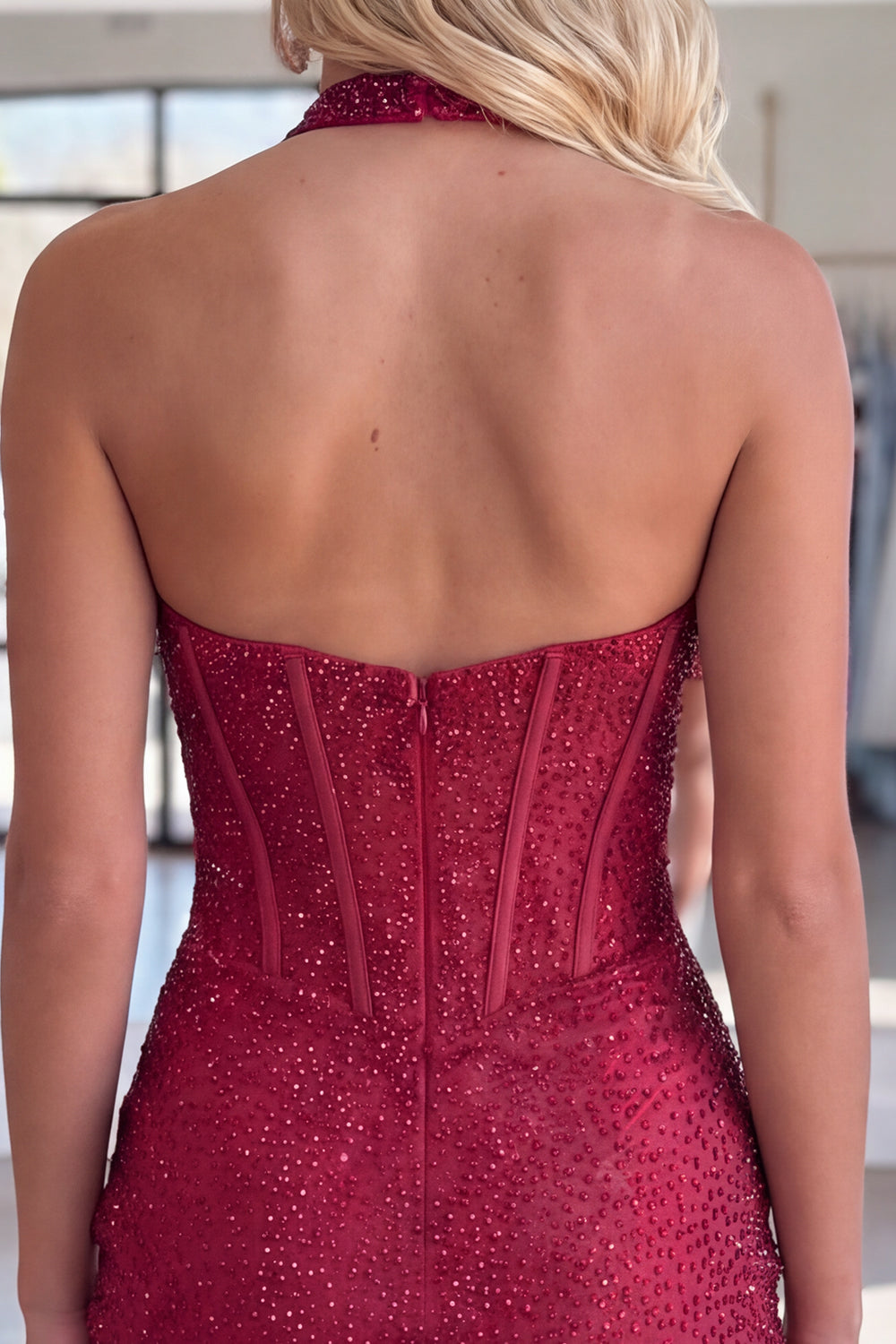 Burgundy Sparkly Halter Beaded Corset Tight Short Homecoming Dress