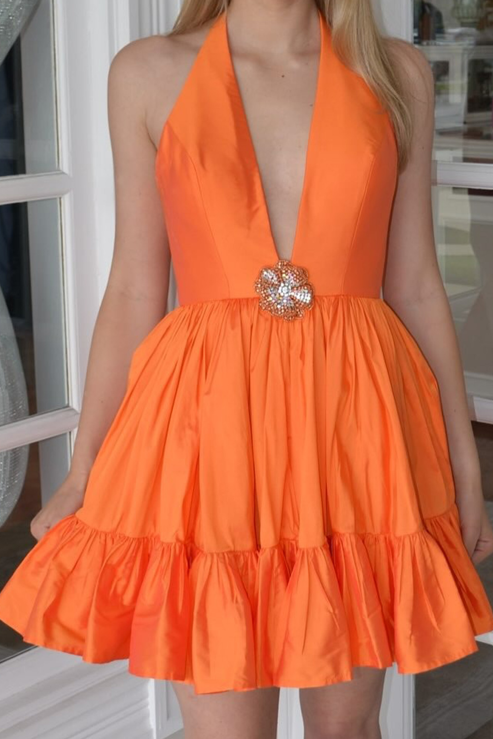 Yellow Ruffled A Line Halter Short Homecoming Dress