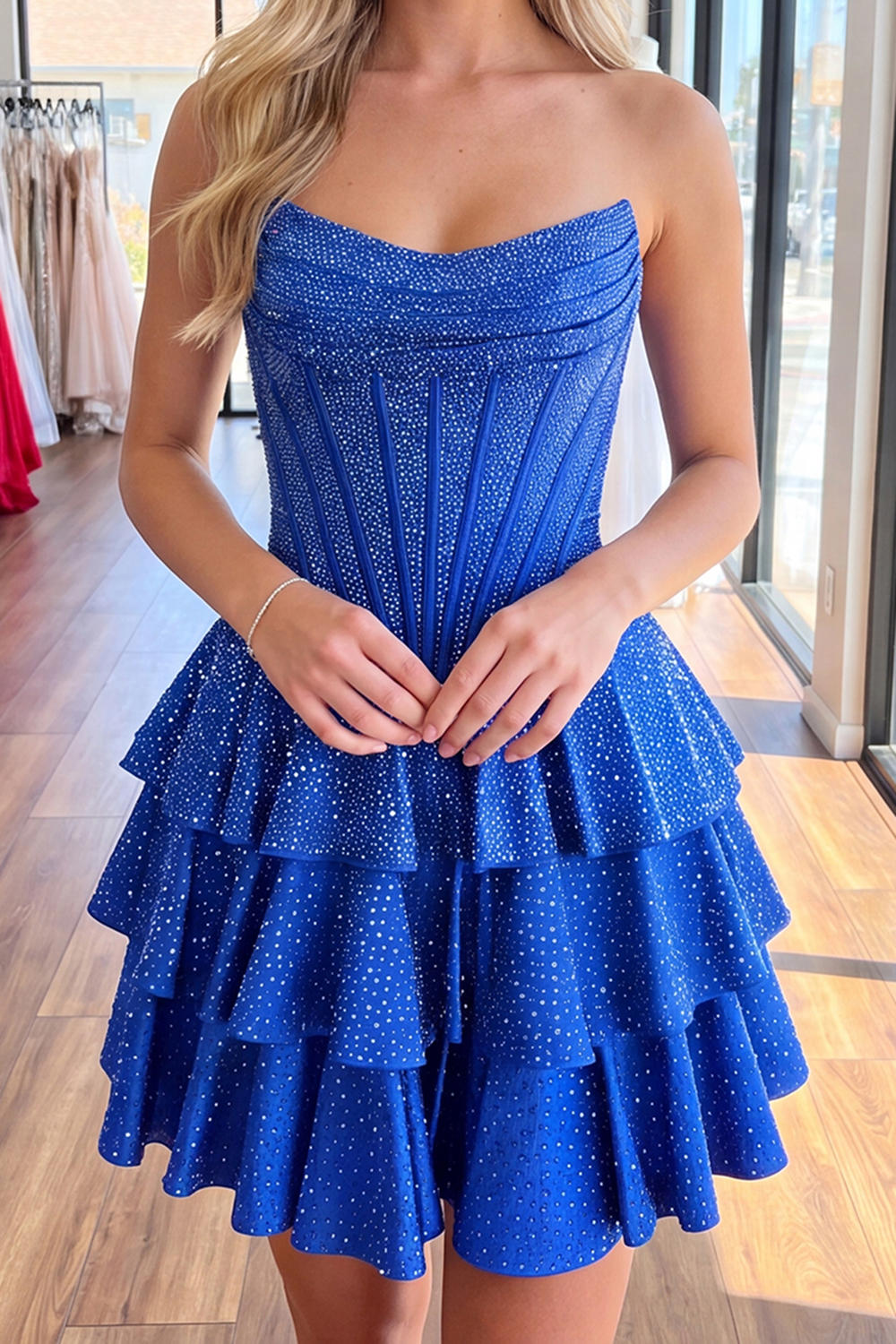 Sparkly Beaded Green Corset Strapless A Line Ruffled Short Homecoming Dress