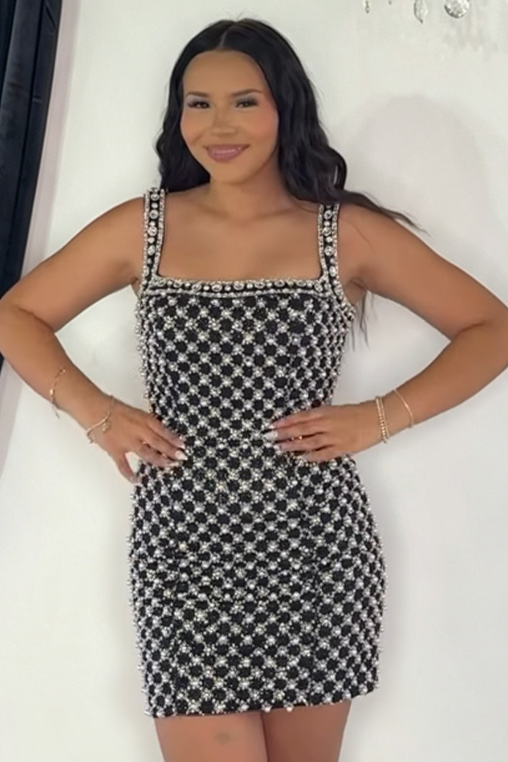 Sparkly Beaded Black Square Neck Short Homecoming Dress with Pearls