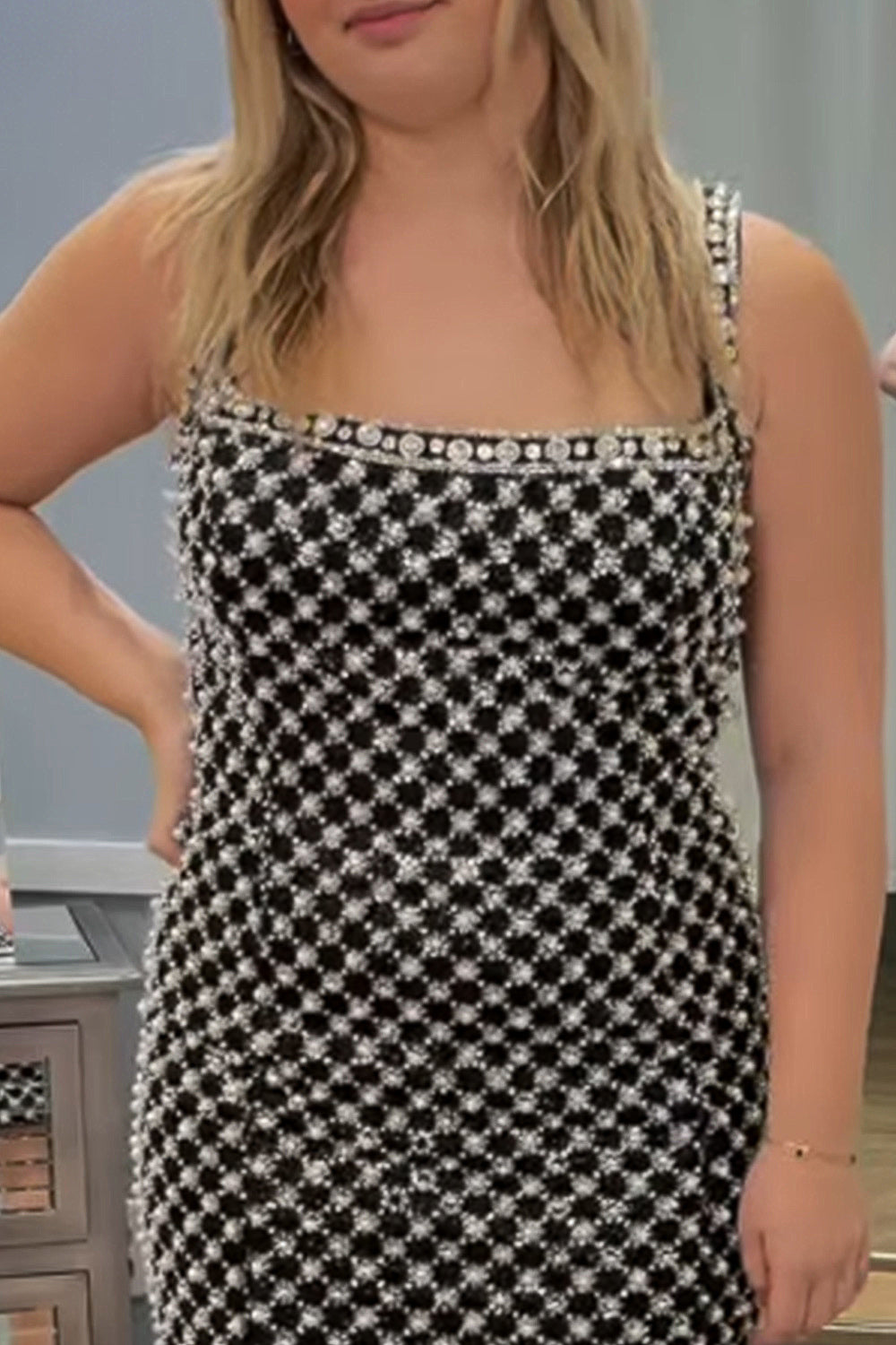 Sparkly Beaded Black Square Neck Short Homecoming Dress with Pearls