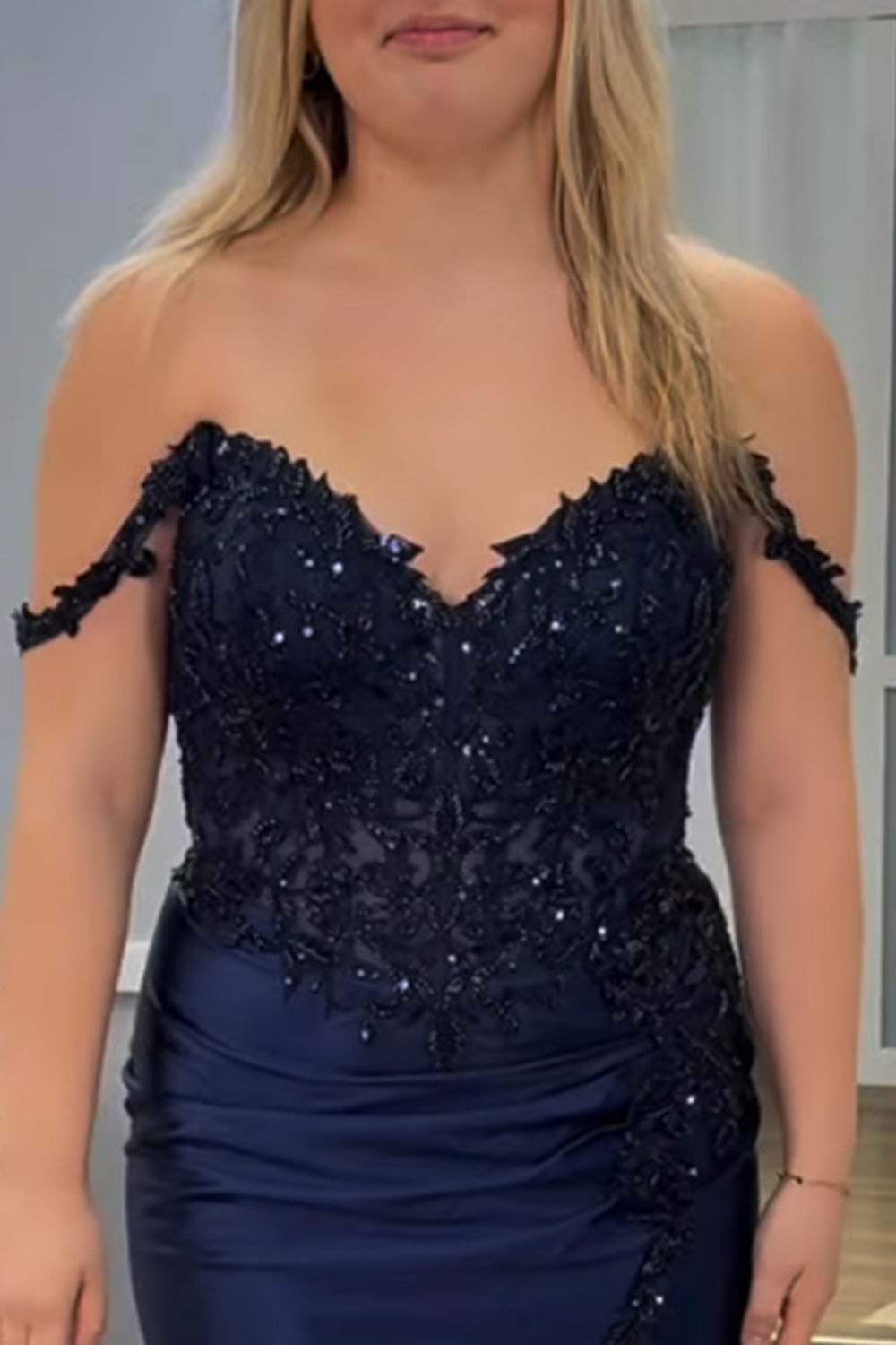 Sparkly Navy Appliqued Short Homecoming Dress with Slit