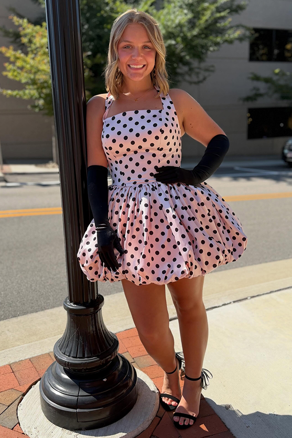 Pink Black Polka Dots Halter A Line Short Homecoming Dress