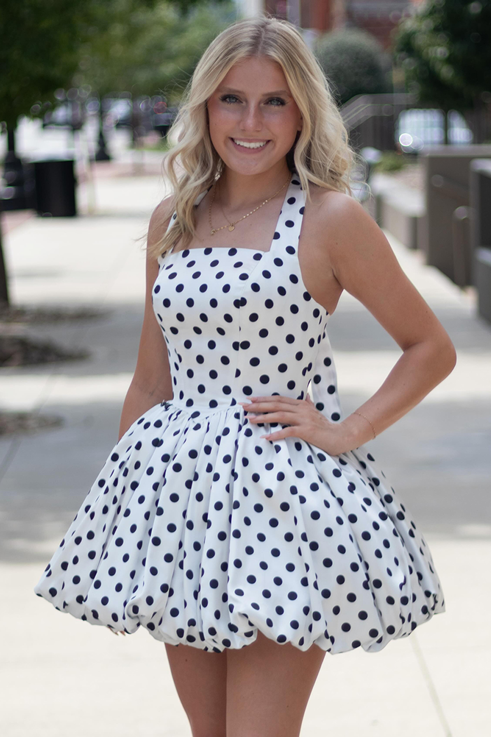 Pink Black Polka Dots Halter A Line Short Homecoming Dress