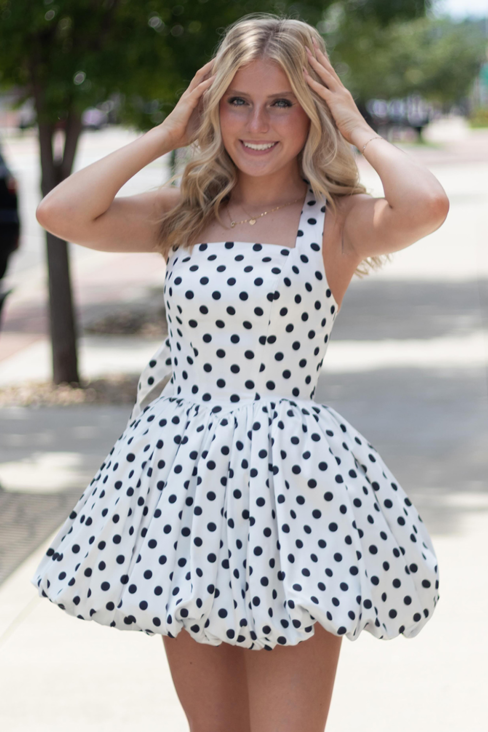 Pink Black Polka Dots Halter A Line Short Homecoming Dress
