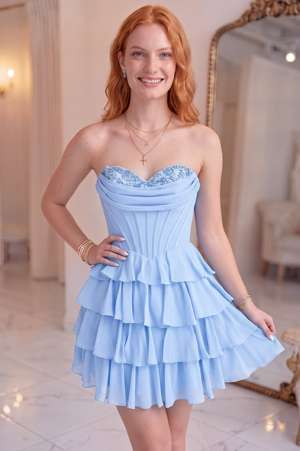 Pink Sweetheart Corset Short Ruffled A Line Homecoming Dress