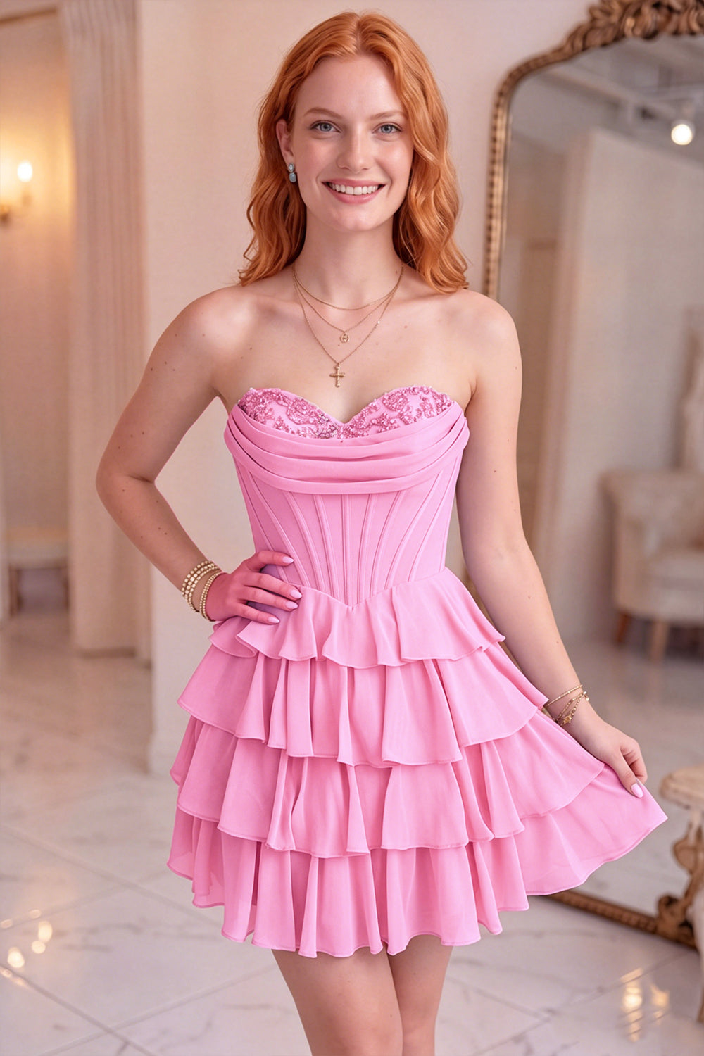 Pink Sweetheart Corset Short Ruffled A Line Homecoming Dress