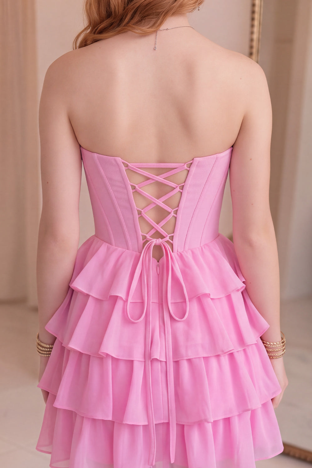 Pink Sweetheart Corset Short Ruffled A Line Homecoming Dress