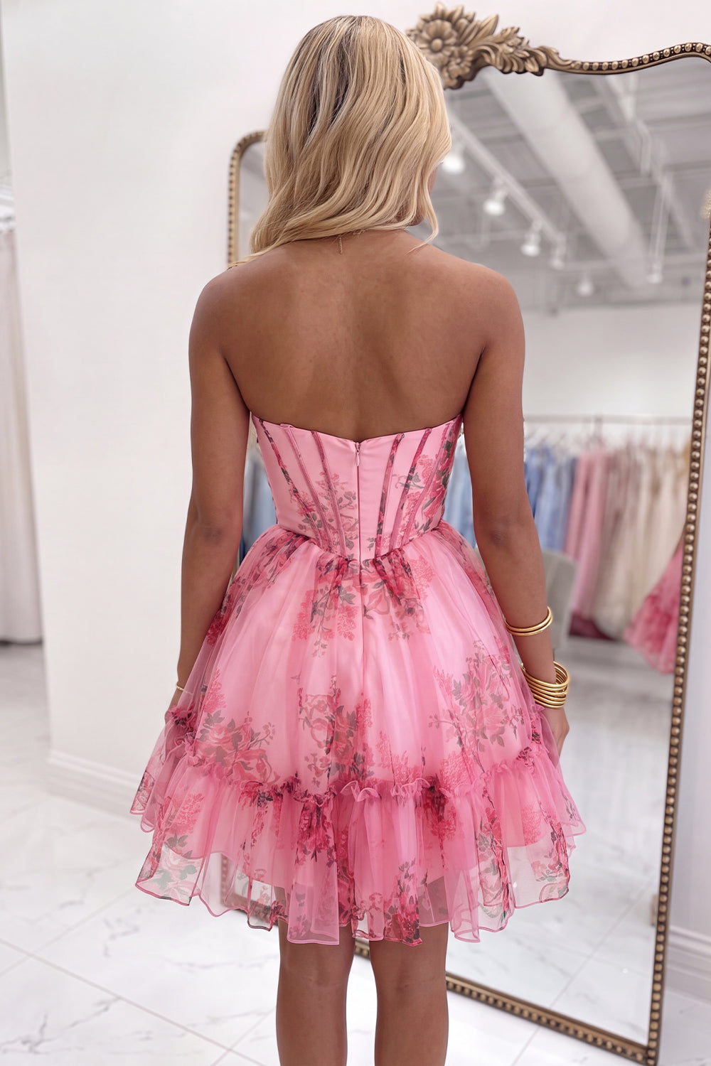 Pink Corset Floral Ruffled A-Line Strapless Short Homecoming Dress