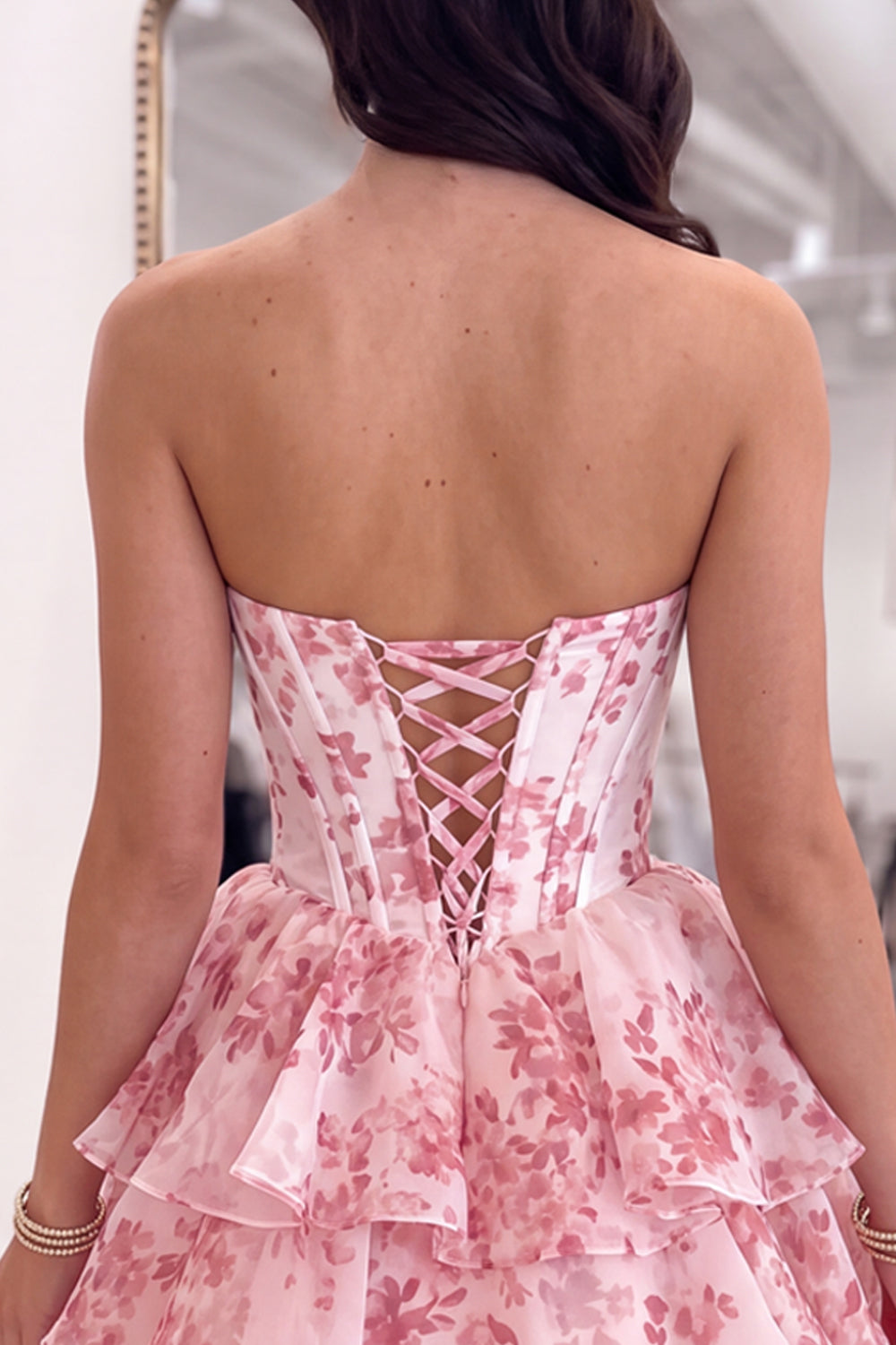 Pink A-Line Corset Floral Ruffled Short Sweetheart Homecoming Dress