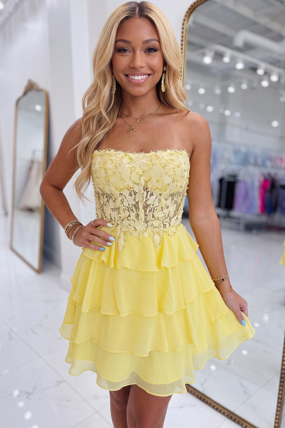 Yellow Floral Ruffled A-Line Short Homecoming Dress with Lace