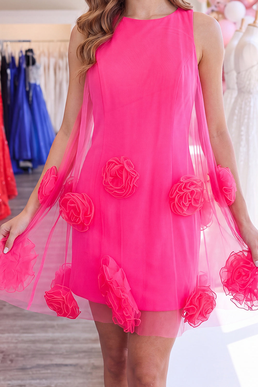 Fuchsia Short Tight Boat Neck Homecoming Dress with 3D Flowers