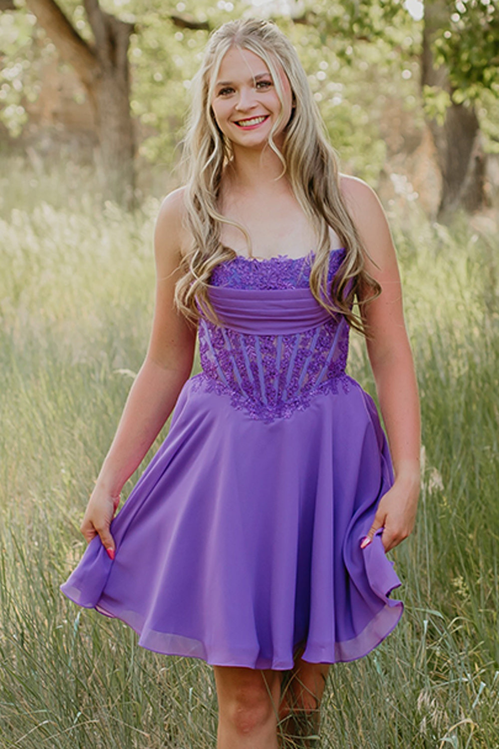 Purple Corset A-Line Strapless Short Homecoming Dress with Lace