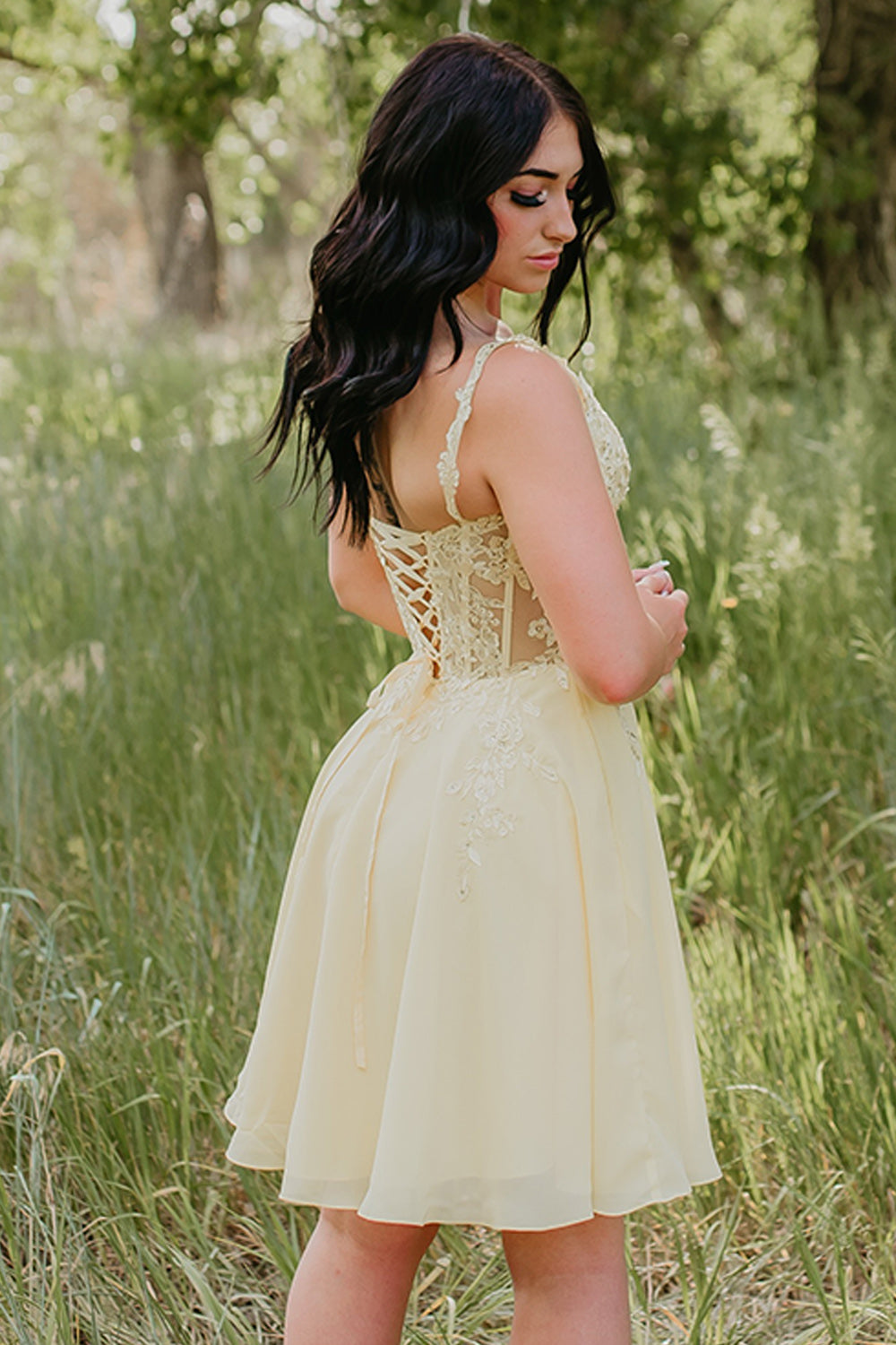 Yellow Corset Floral Short A-Line Homecoming Dress with Pockets
