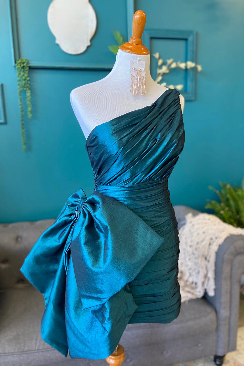 Peacock Blue One Shoulder Tight Short Homecoming Dress with Bow