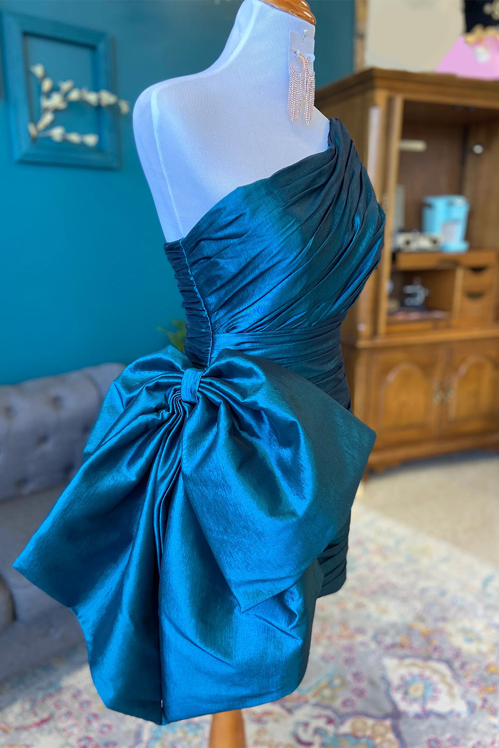 Peacock Blue One Shoulder Tight Short Homecoming Dress with Bow