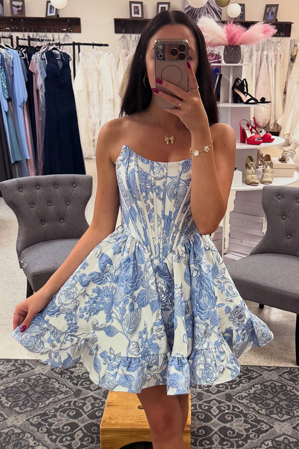 Floral Pink Corset Strapless Short Homecoming Dress