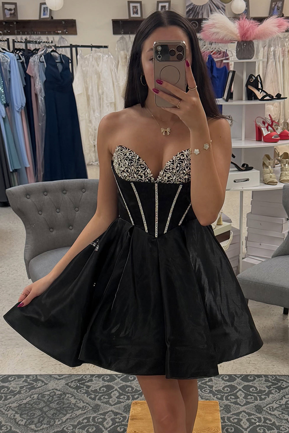 Black Corset Sparkly A-Line Sweetheart Short Homecoming Dress with Rhinestones