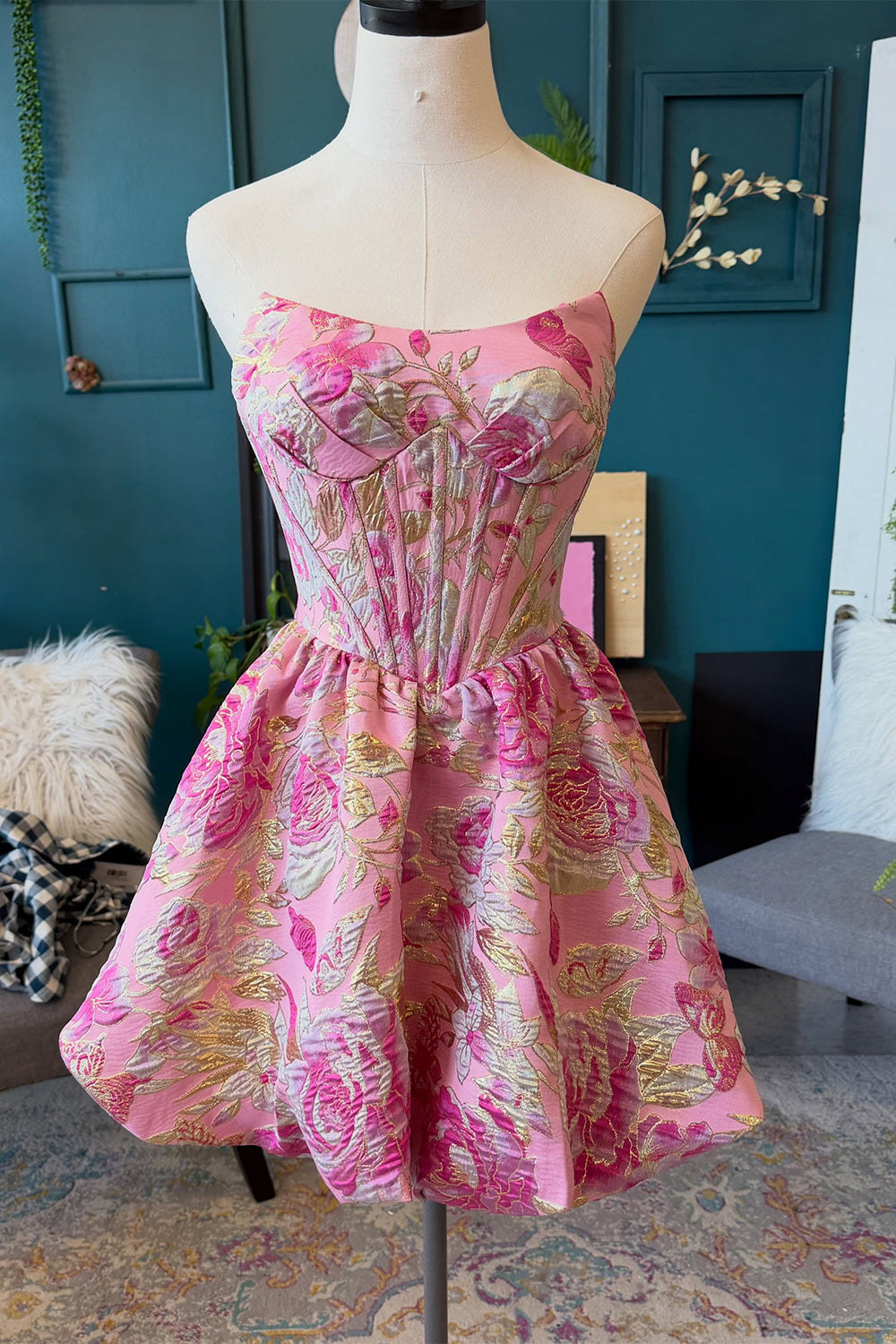 Blush Floral Strapless A-Line Corset Short Homecoming Dress